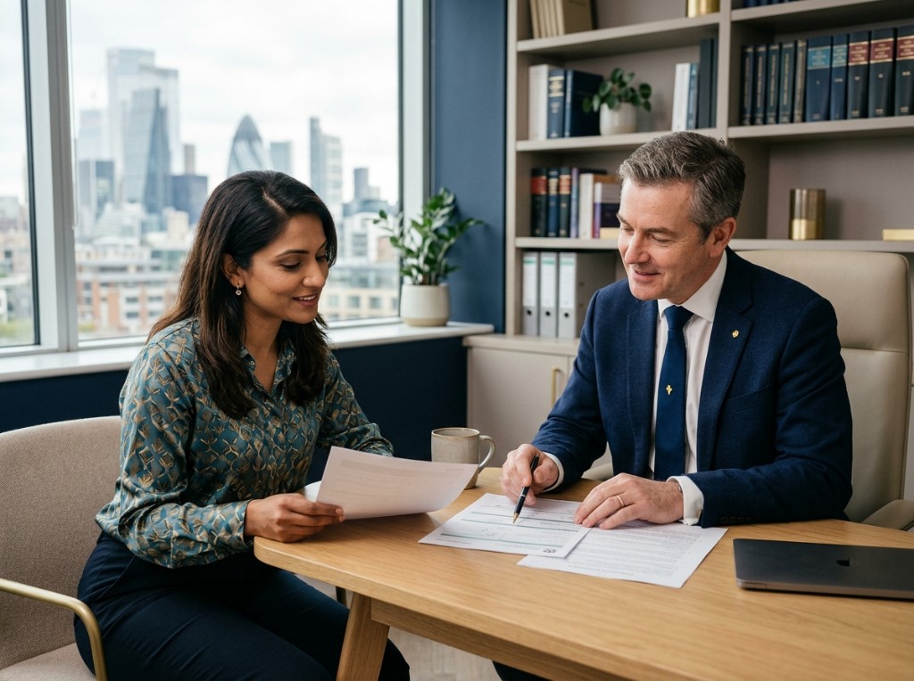 Pasha Immigration Services consultation — advisers reviewing documents together in a modern office